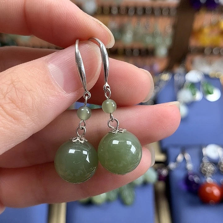 和田玉银S925镶嵌耳饰12左右晴水绿