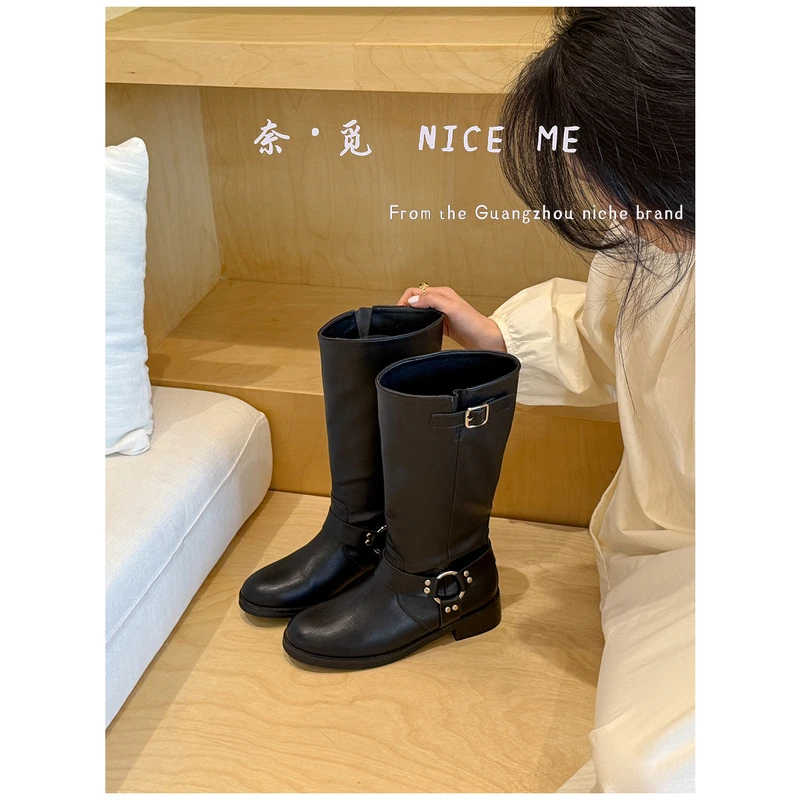 【私藏】NICE ME~  韩女日记 覆古粗跟骑士靴女春秋新款高筒靴INS