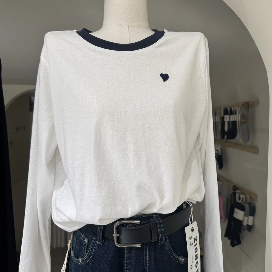 百搭圆领女士拼色长袖宽松心形内搭T恤条纹极简风