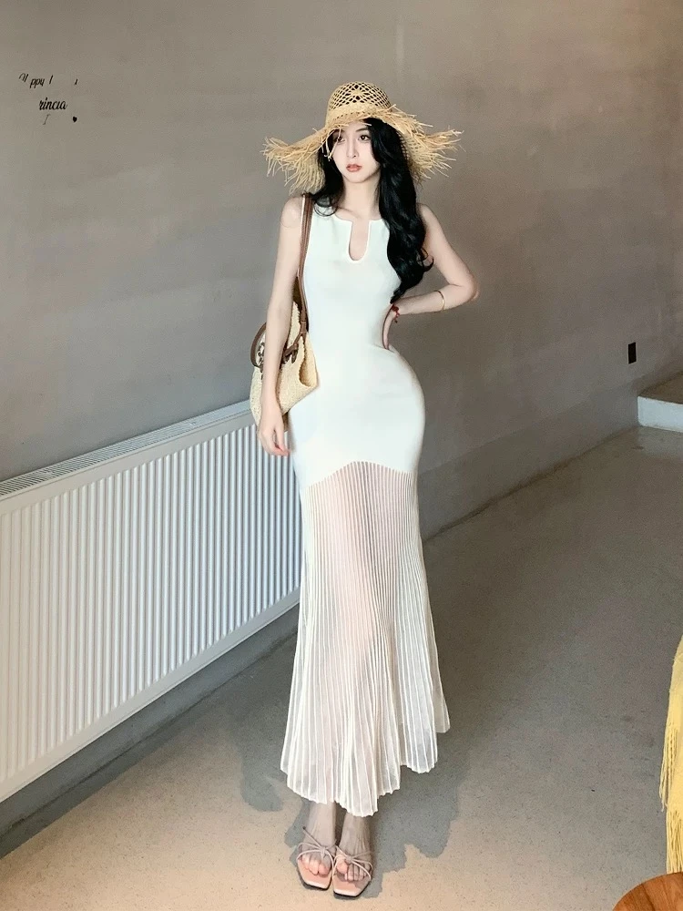 度假背心海边长裙无袖连衣裙针织冰丝U领透视拼接鱼尾裙