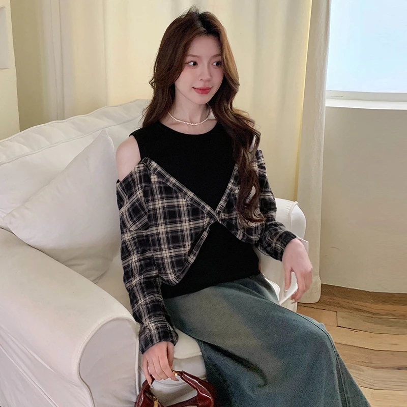 大码春款新款假两件遮肉显瘦格纹拼接衬衫上衣牛仔半身裙ZL103874