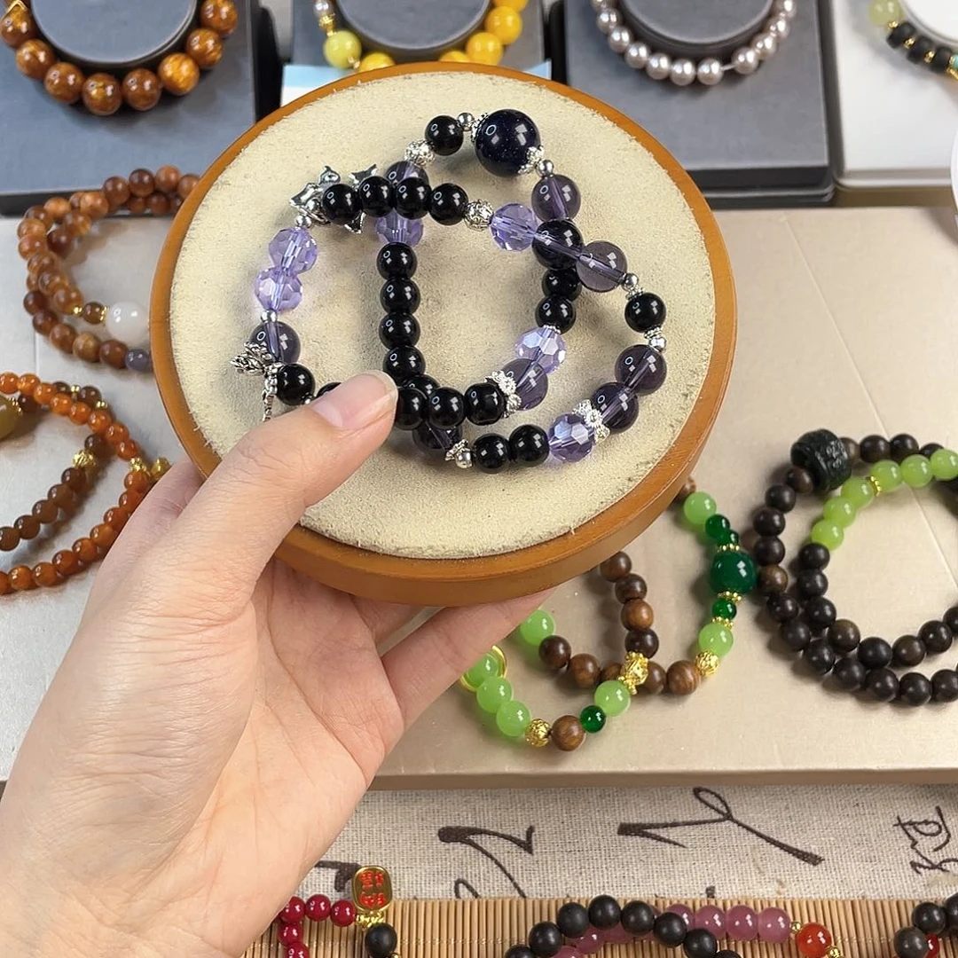 黑曜岩手饰银S925镀金镶嵌