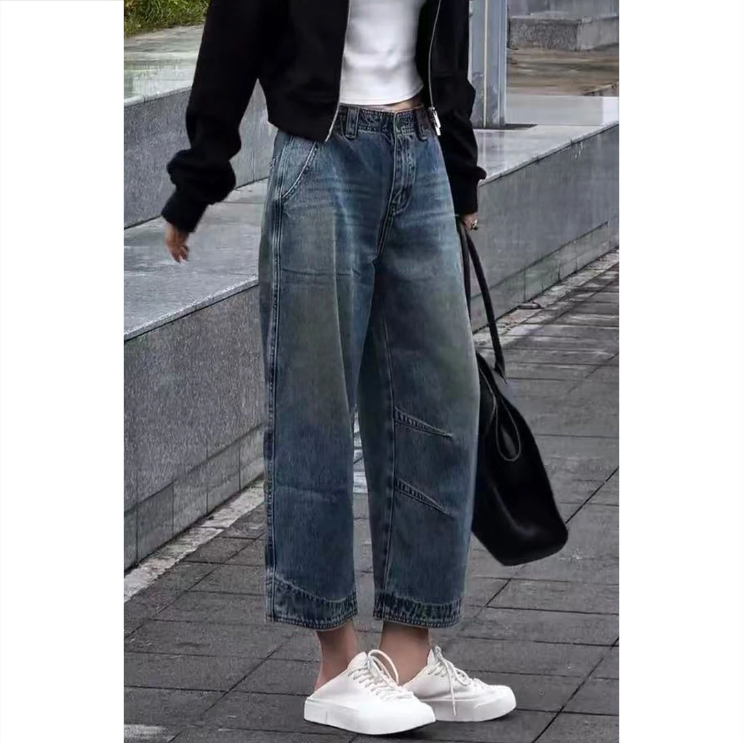 艾塔莉早秋新款老爹裤阔腿裤时尚复古女裤牛仔裤街头风弯刀裤宽松