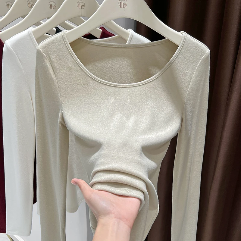 秋冬季磨毛保暖打底衫女修身内搭圆领长袖上衣2025新款正肩T恤衫