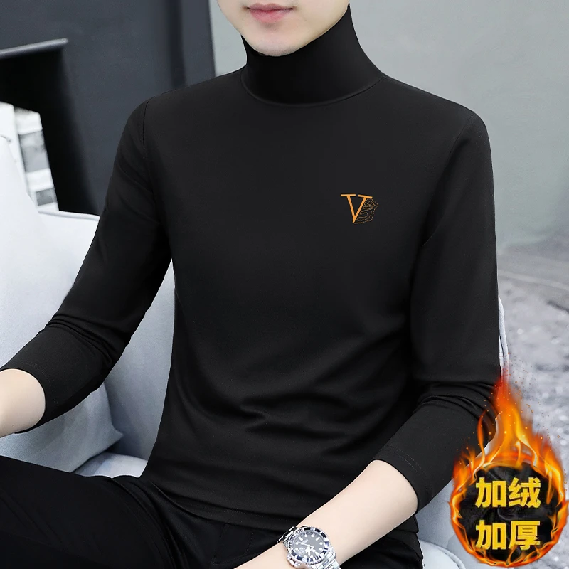 秋冬季帅气高领加绒加厚长袖t恤男装潮牌内搭休闲纯棉打底衫上衣