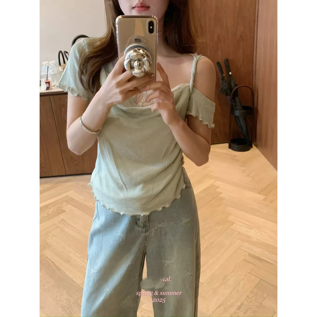 【DAMAI】氛围感美女夏季法式蕾丝纽结肩带假两件小衫13151