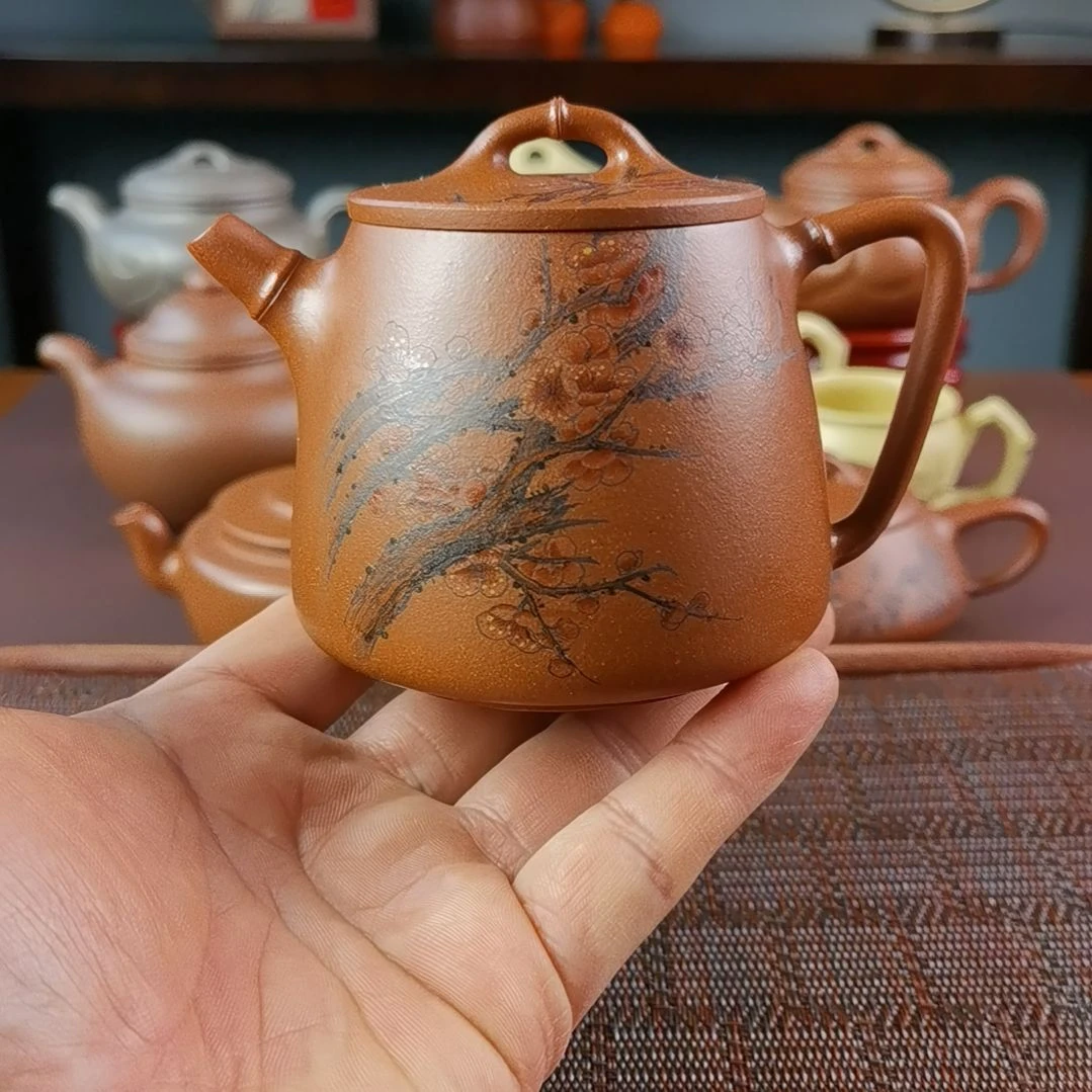 紫砂茶壶沉香泥竹节高瓢300CC墨绘装饰