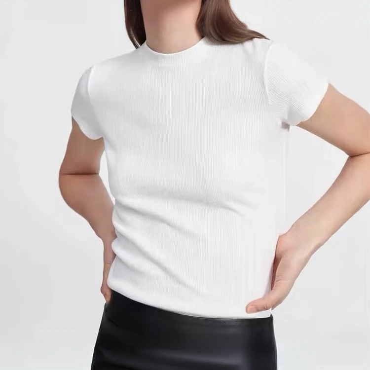 TANG 3色螺纹弹力休闲女士透气时尚纯色圆领短袖打底衫