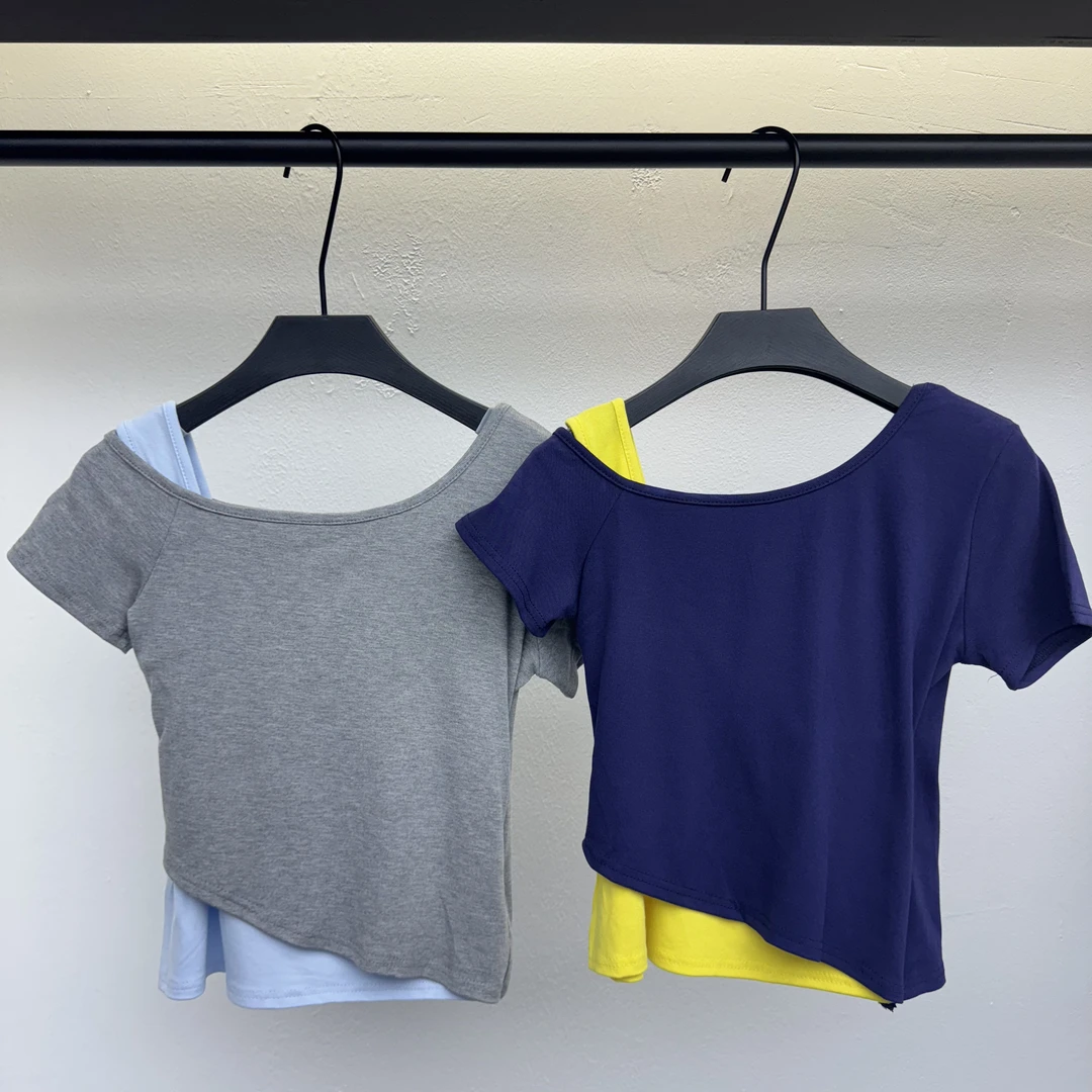 假两件撞色不规则斜肩T恤433