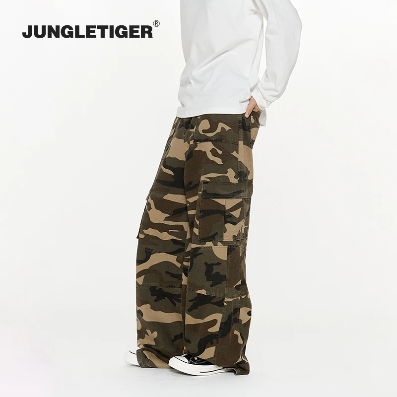 街头国潮嘻哈迷彩大口袋直筒工装裤女高街hiphop阔腿裤子休闲裤男