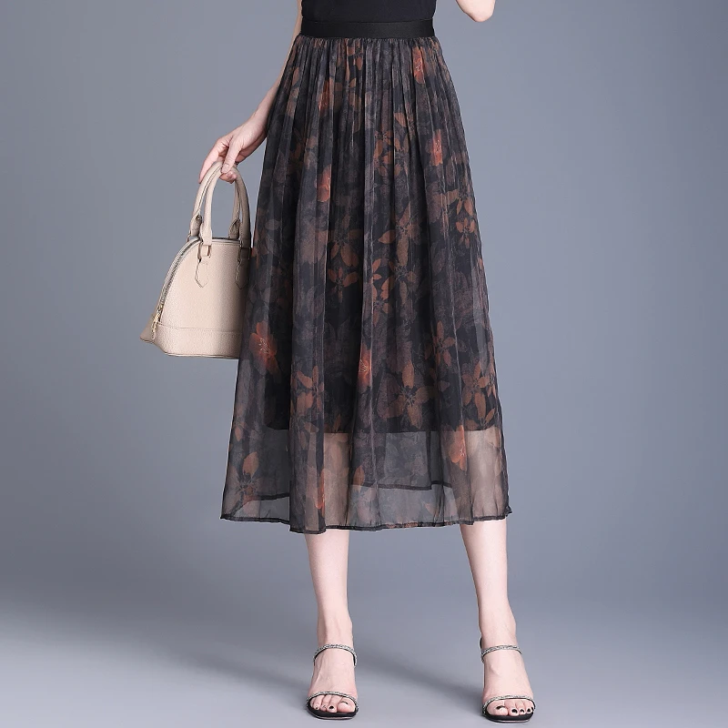 印花网纱裙半身裙女夏新款时尚洋气宽松遮胯显瘦中长款百褶A字裙