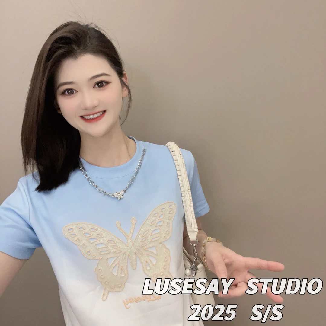 LUSESAY 项链蝴蝶亮片 2025夏季新款 短袖T恤女百搭显瘦渐变上衣