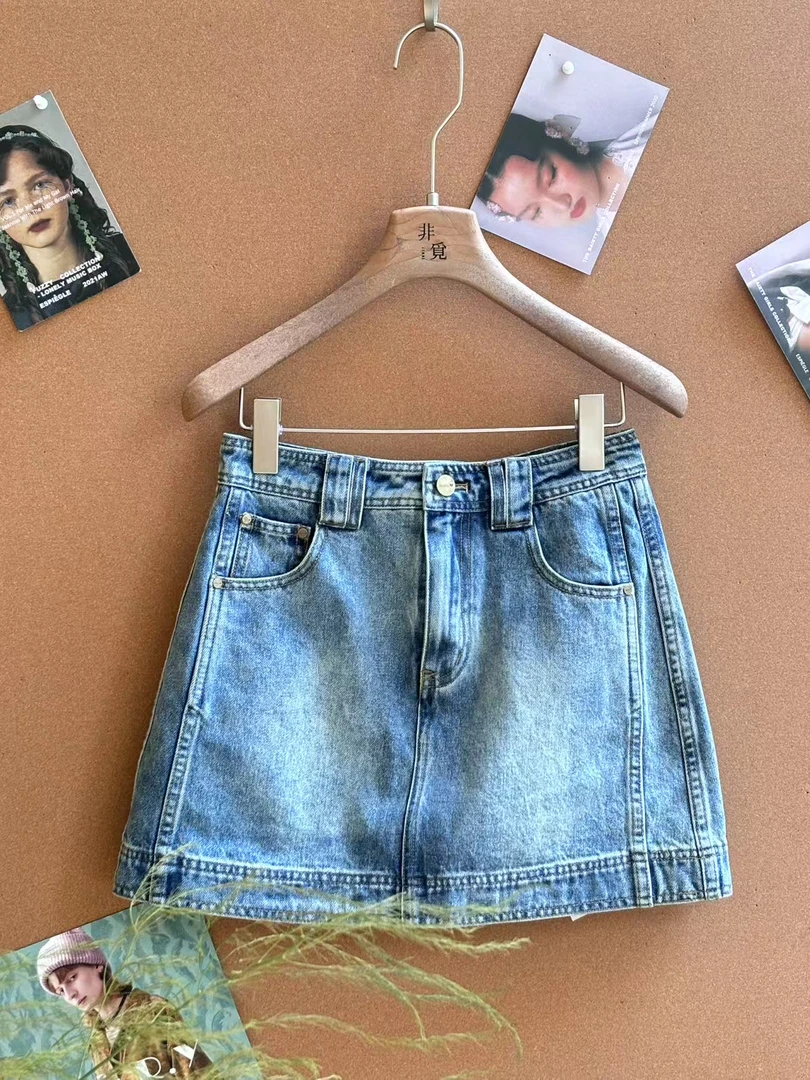 复古水洗切割牛仔裤裙