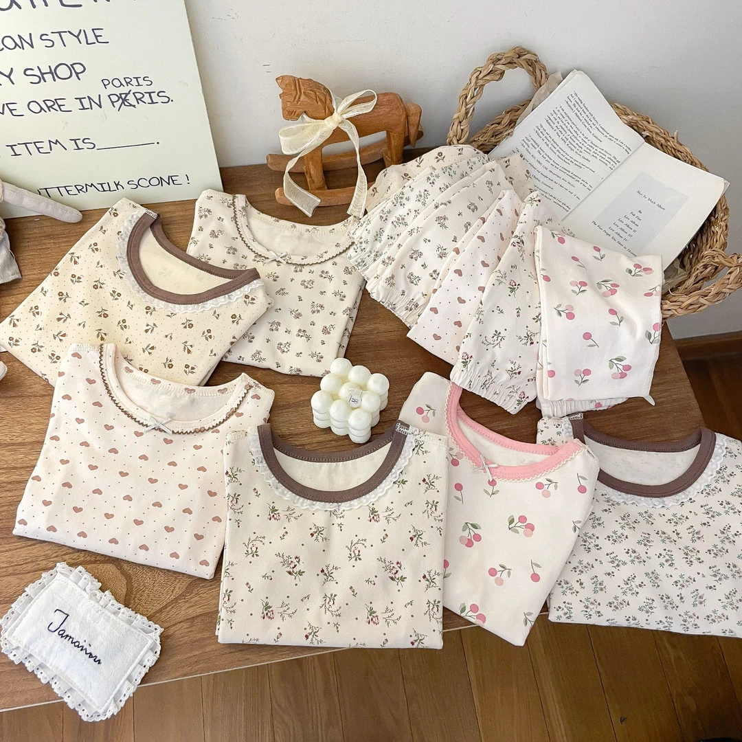 新款秋冬儿童纯棉小碎花莱卡内衣套装男童女童秋衣秋裤睡衣家居服