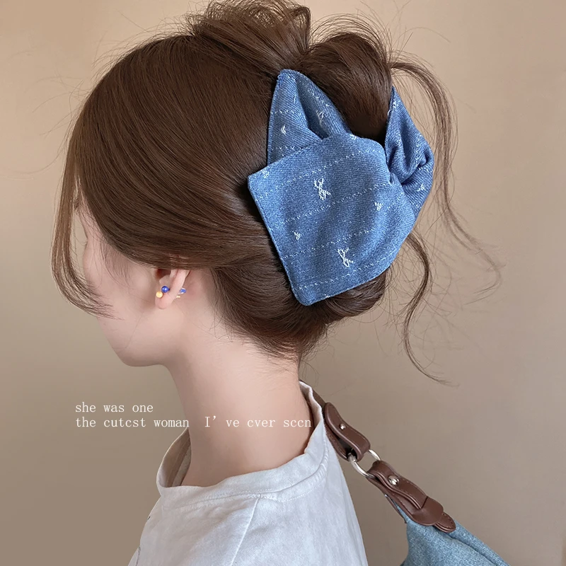 韩系牛仔蓝三角蝴蝶结抓夹女夏天后脑勺饱满发夹高级感盘发鲨鱼夹