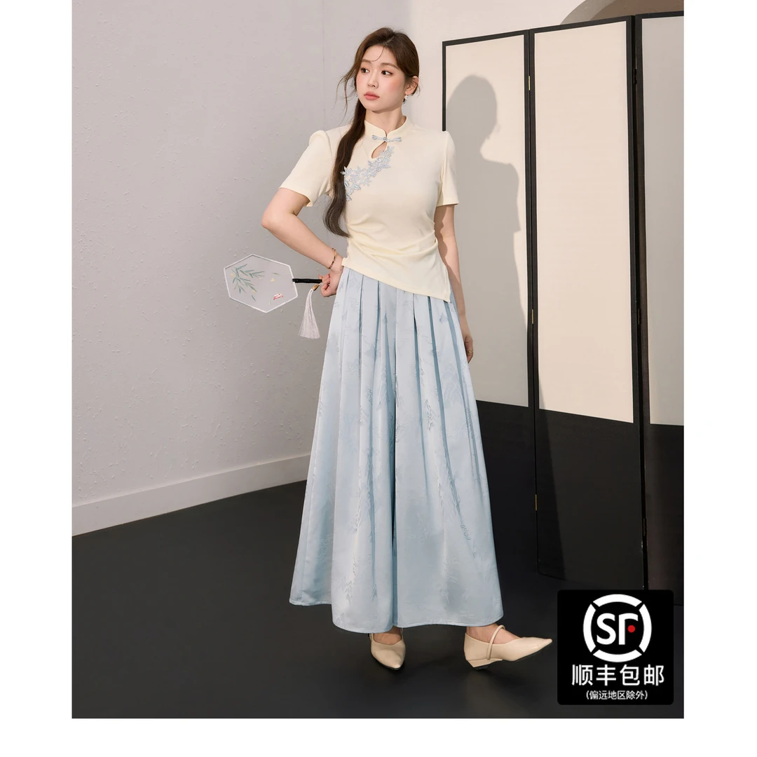 蓝语大码女装新中式国风套装凉感短袖宽松显瘦裤裙2025夏季04921