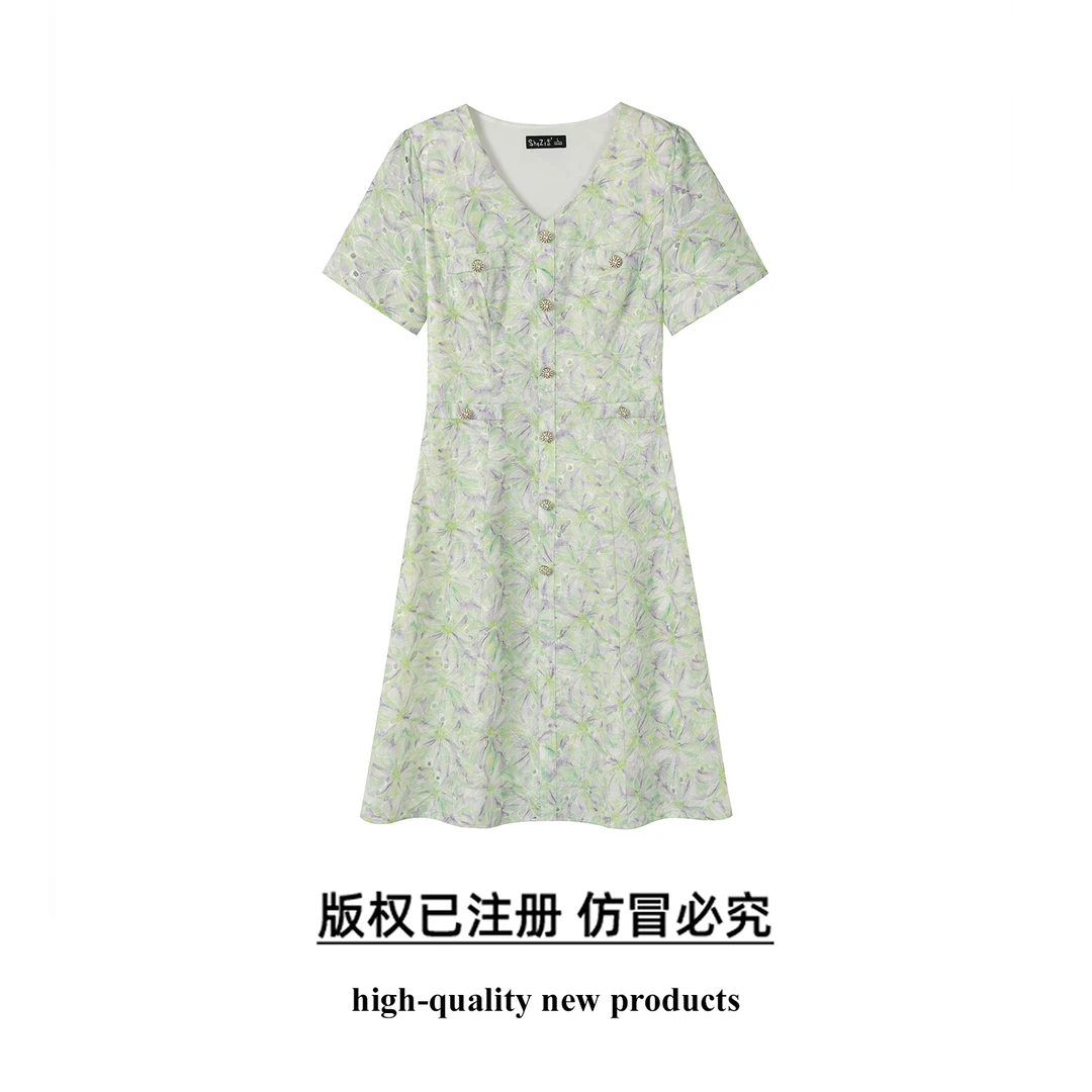 奢姿大码女装2025夏季时尚减龄花卉印花连衣裙胖妹妹气质V领裙子