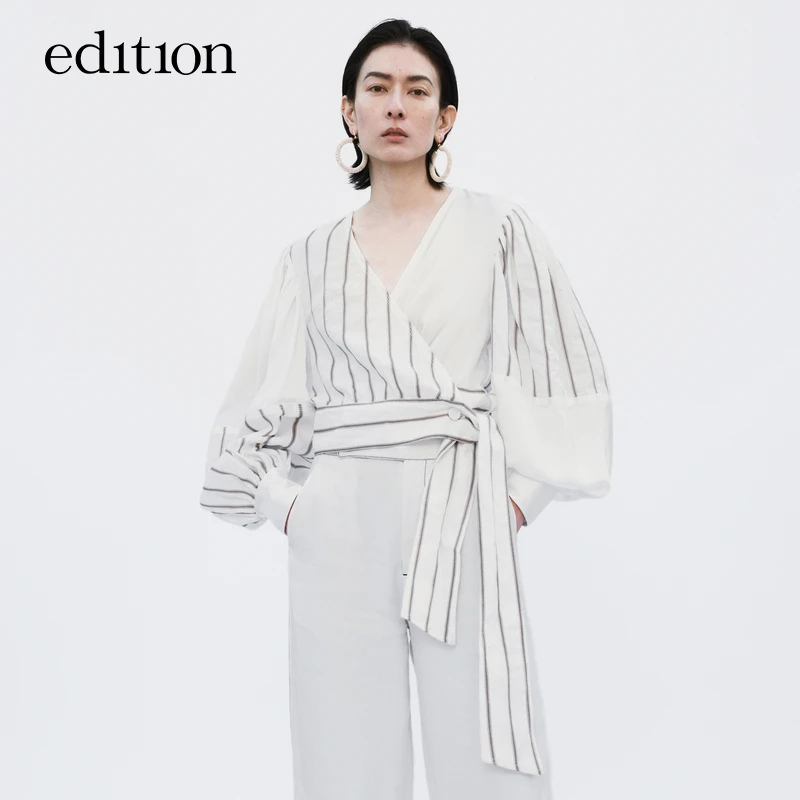 【搭搭精选】edition灯笼袖条纹衬衫复古短款上衣#EBB2TOP014