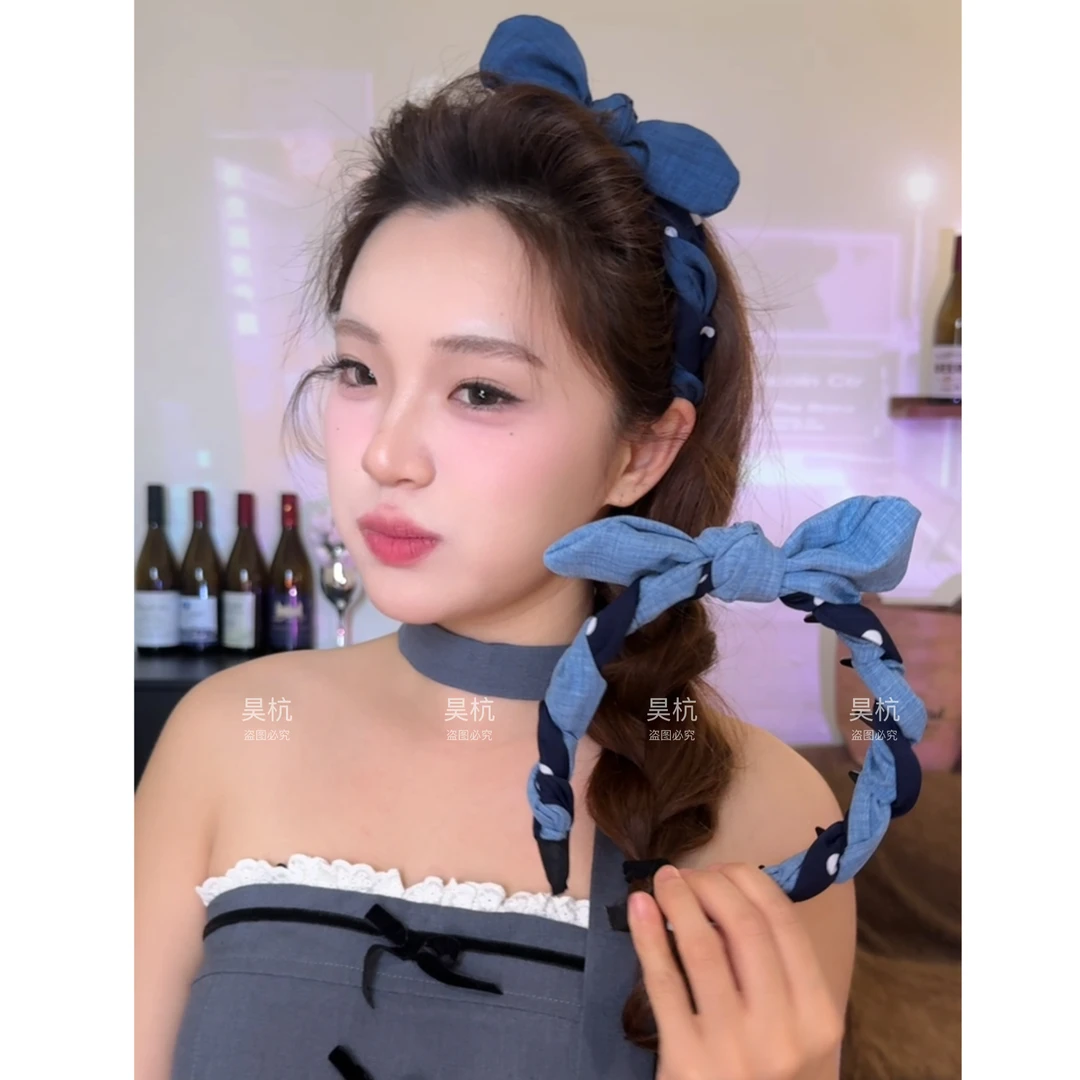 牛仔拼接撞色～新款波点系层次感牛仔拼接撞色兔耳蝴蝶结甜妹发箍