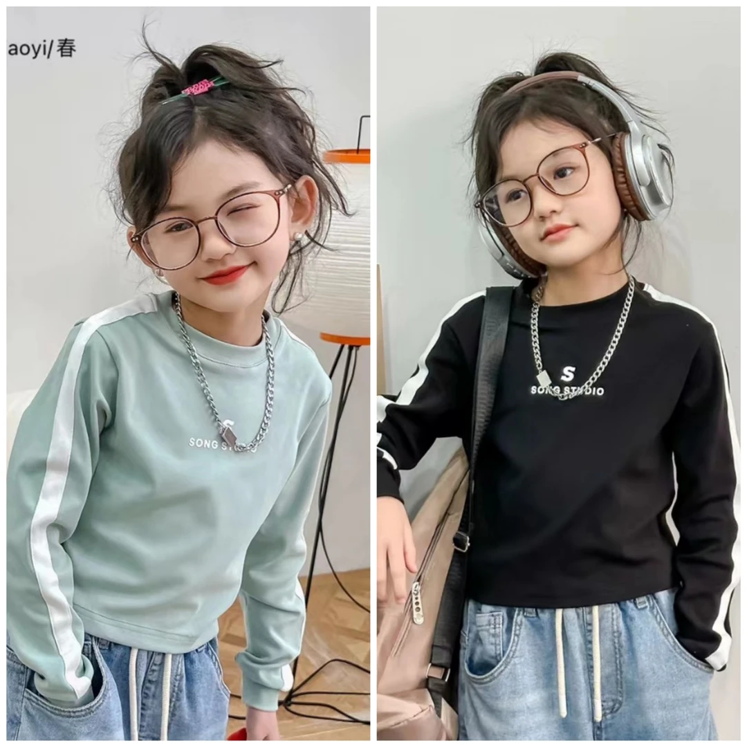 大E小e儿童6637女童短款白色长袖T恤时尚圆领百搭春秋中大童印花