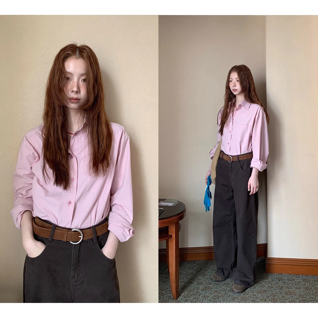 【菲菲Faye专属】法式polo领粉色长袖衬衫女早春新款高级感韩系上衣