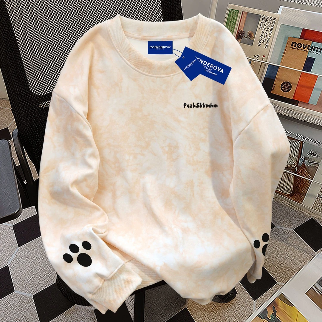 日系休闲扎染圆领卫衣男女秋冬季加绒加厚chic风宽松显瘦休闲上衣