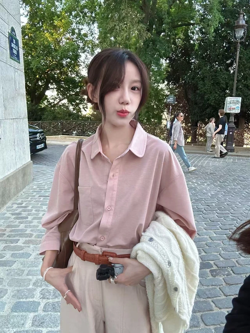Peach自制 早秋新款 韩版宽松设计感口袋长袖衬衫上衣 10511