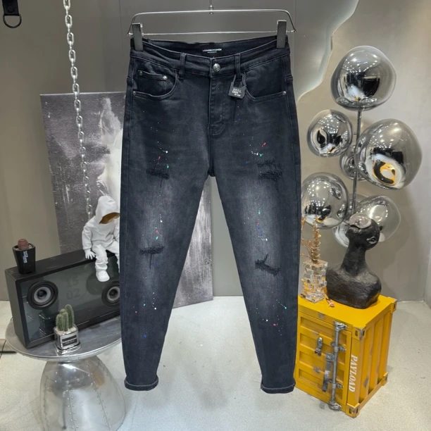 25新款秋冬磨破糜烂泼墨百搭韩版小脚牛仔裤秋季9分半韩版修身