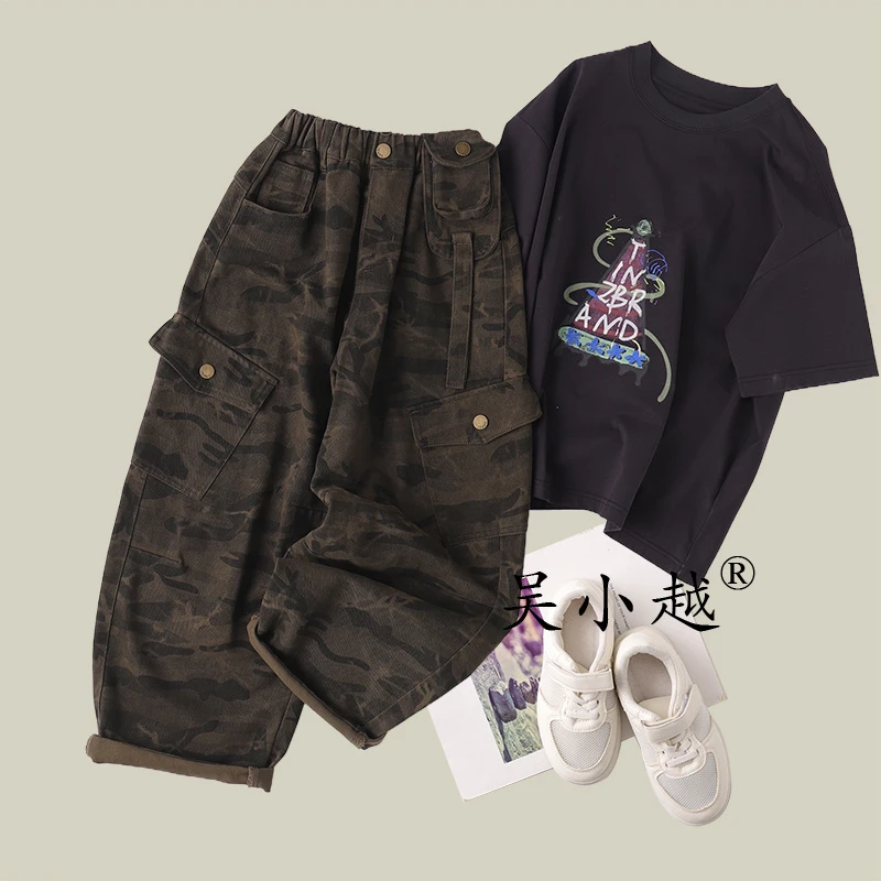 吴小越w1545男童休闲伞兵工装迷彩长裤男孩儿童中大童宽松潮款