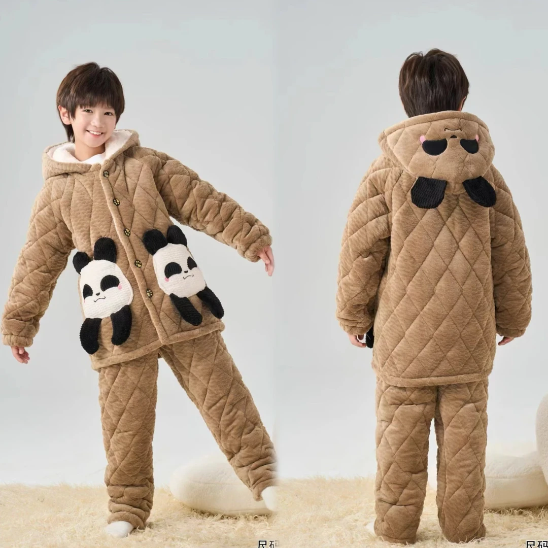 893 男童腮红熊猫口袋三层加棉加厚家居服套装