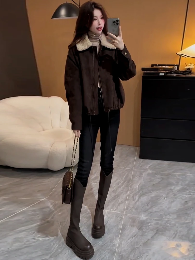 美拉德穿搭翻领时尚外套女冬季2025年新款小个子加厚保暖夹克上衣