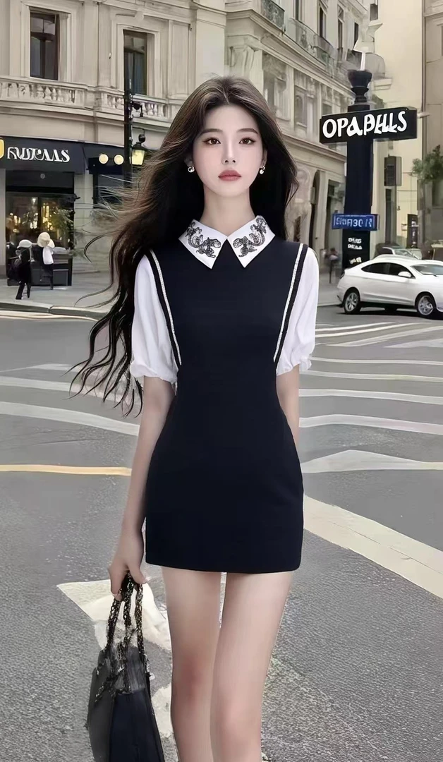 休闲极简风轻奢显瘦穿搭翻领短袖修身收腰连衣裙女小众高级感女装