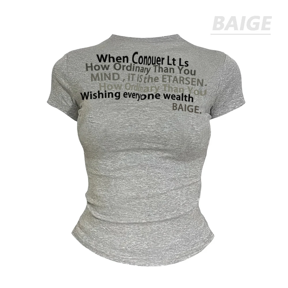 纯欲修身辣妹圆领短袖女2024夏季新款设计感字母印花百搭显瘦上衣