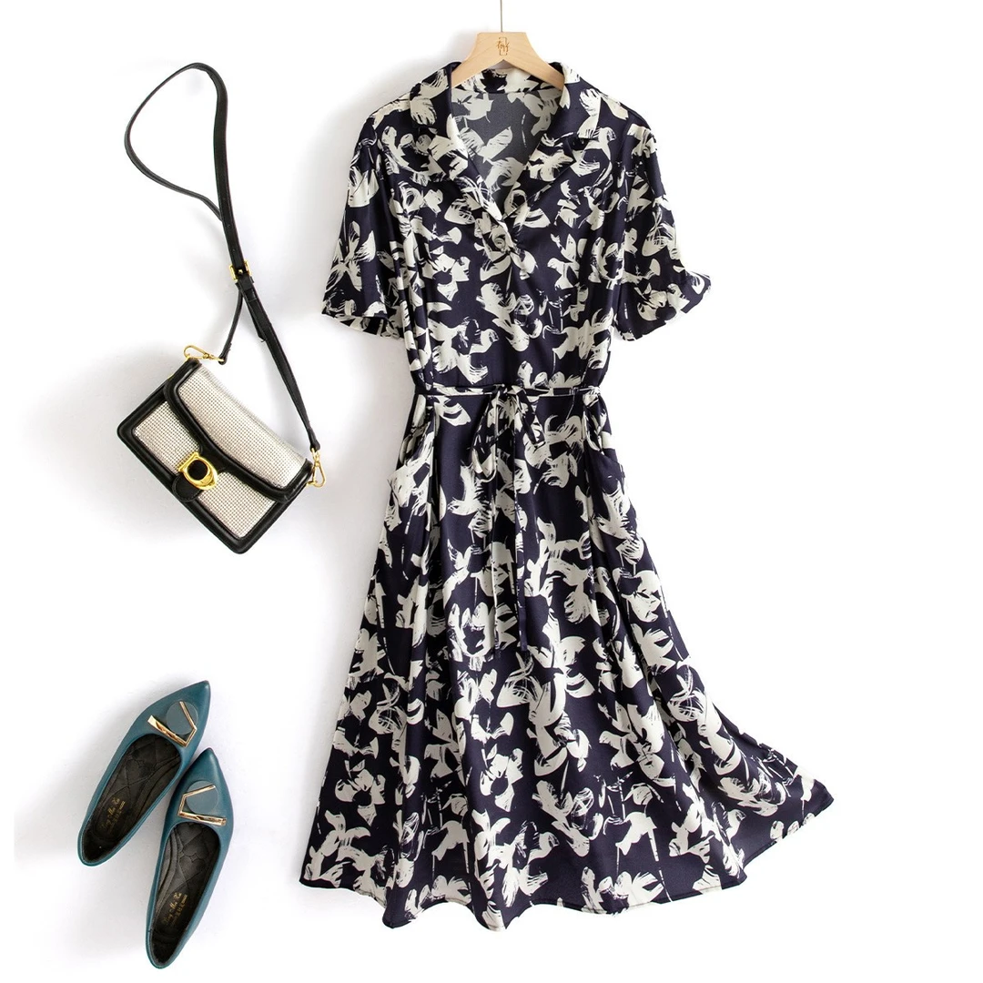 春竹夏季新款桑蚕丝蝴蝶春夏显瘦真丝女中长款连衣裙