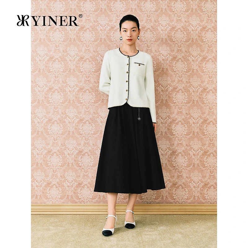 精选【美丽诺羊毛】YINER音儿秋季金丝勾边法式毛针织开衫