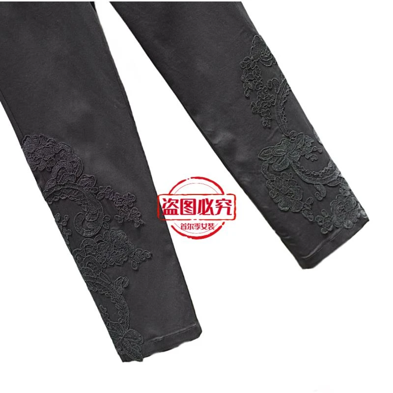 988韩版新款百搭小黑裤烟管女休闲直筒裤重工刺绣设计感显瘦黑色