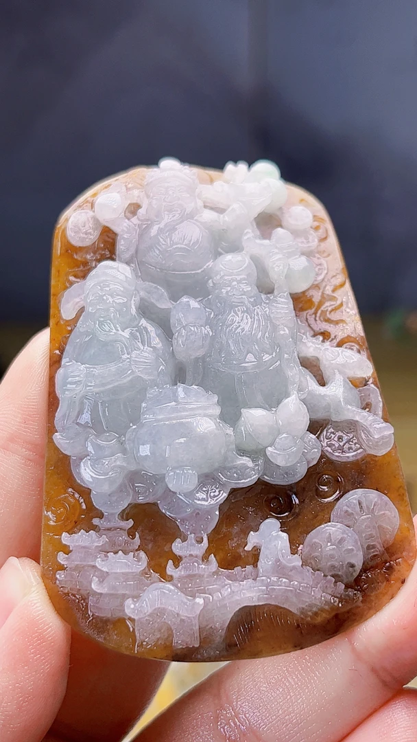 天然缅甸翡翠特色皮壳山水福禄寿三星毛货买断需抛光尺寸70-45-12