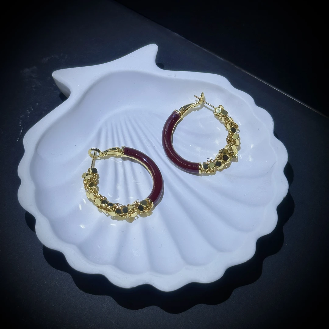 铜合金树脂耳饰 复古红色碎冰爆闪滴釉耳环轻奢小众圆圈百搭耳饰