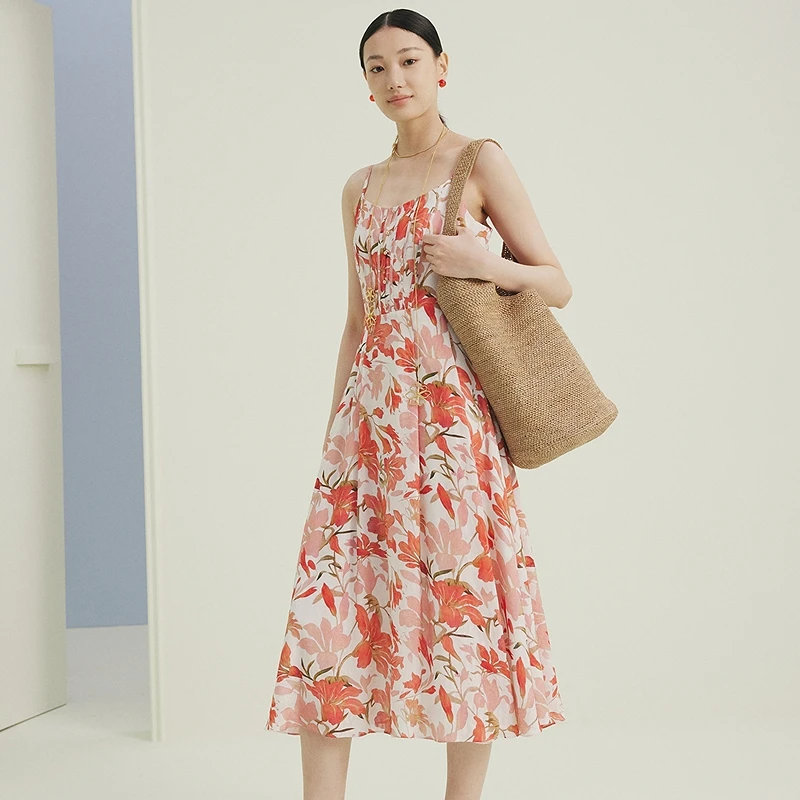 【晨晨专属】firststation印花中长款收腰吊带连衣裙女4231A