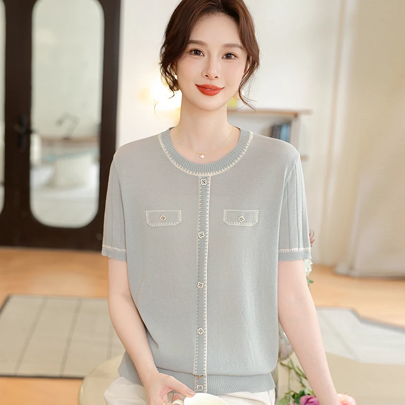 中老年妈妈装夏季新款休闲纯色小衫中年女装时尚短袖T恤上衣2657