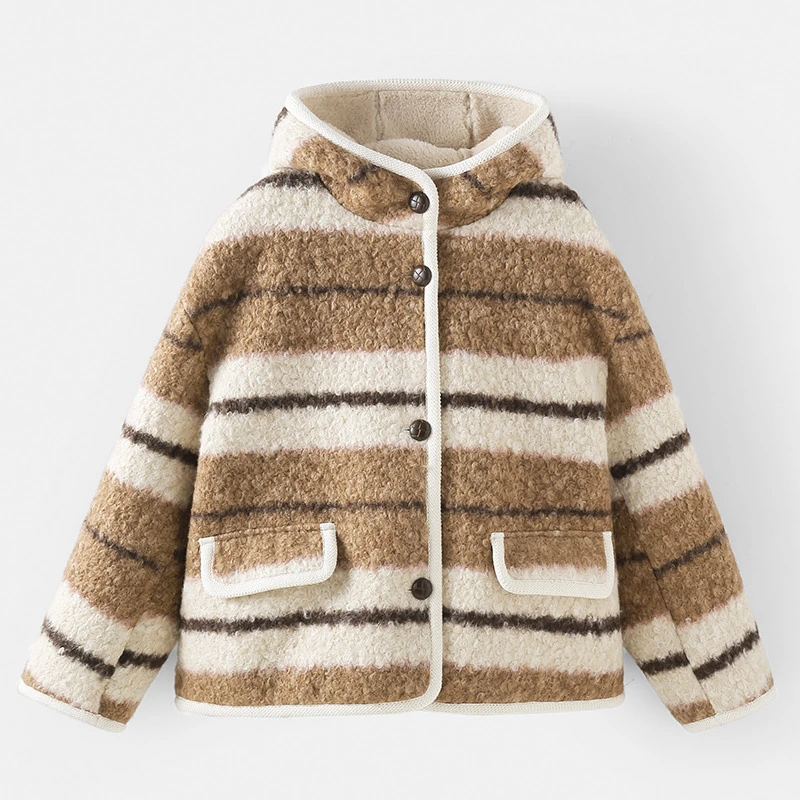 【优蜜屋】女大童冬季加厚条纹连帽外套241268