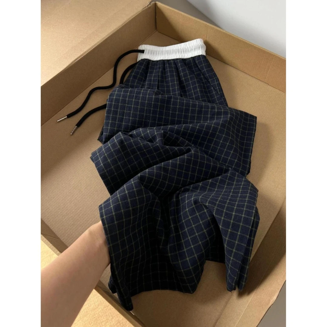 夏季格子神裤宽松阔腿休闲裤子女松紧腰抽绳直筒遛弯裤长裤女