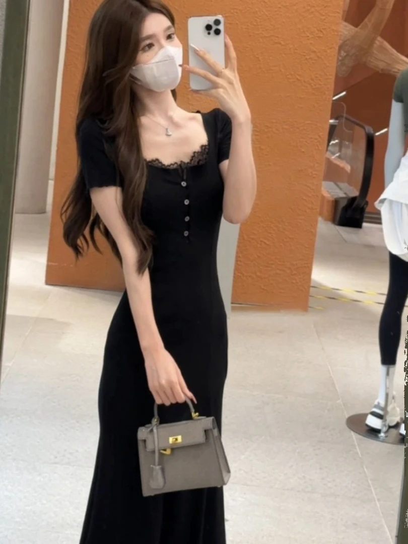法式蕾丝边方领短袖鱼尾连衣裙女夏季高级感显瘦修身包臀裙长裙女