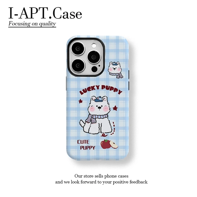 蓝色格子小狗菲林二合一适用于iPhone苹果华为oppo小米手机壳男女