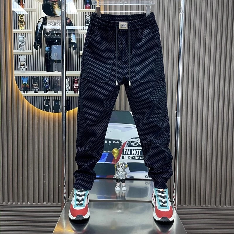 秋季潮牌时尚提花休闲裤男士加绒简约百搭修身黑色显瘦小脚哈伦裤