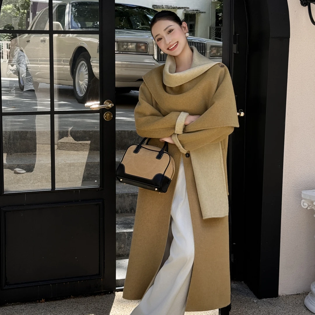 高端超大披肩撞色围巾领大口袋落肩袖双面羊毛大衣冬季外套女秋冬