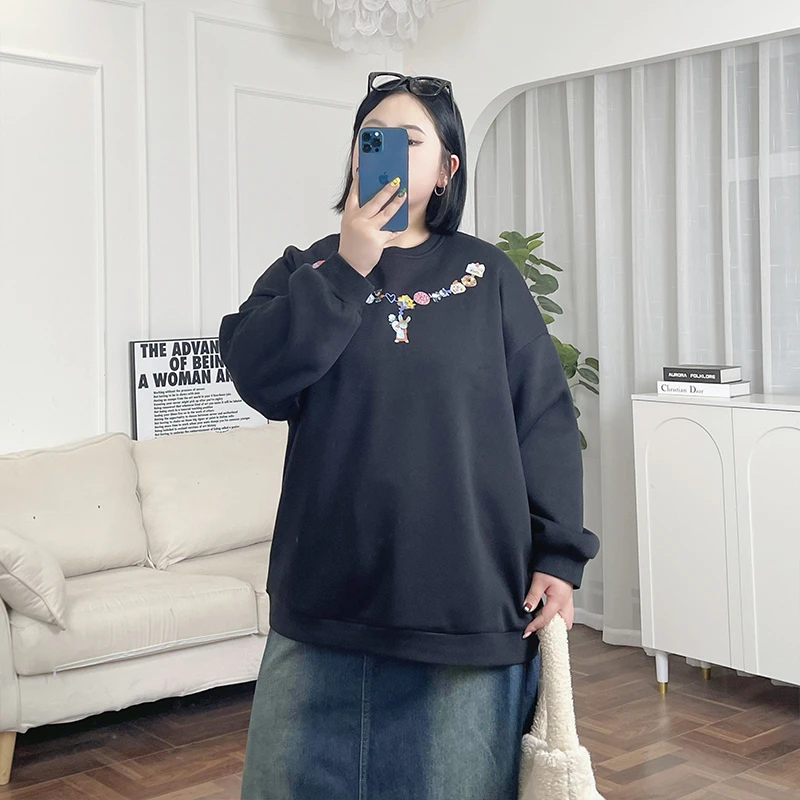 费尔南德 / 美式复古黑色圆领长袖卫衣12736花契200斤胖mm时尚