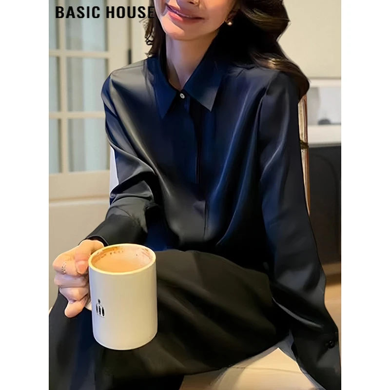 Basic House/百家好高级感轻奢缎面衬衫女士2025早秋新品长袖衬衣