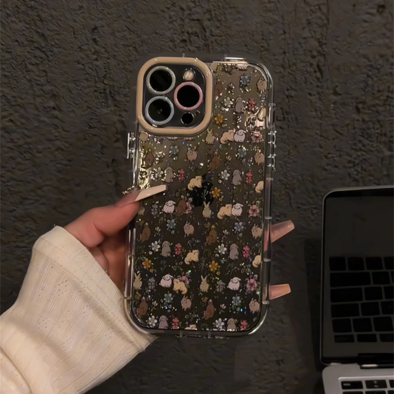 适用16pro苹果闪粉奶油iPhone15手机壳满屏花朵兔子猫咪华为p新款