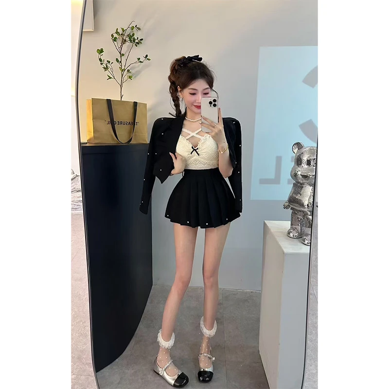 2025春夏新款高级感洋气铆钉外套高腰百褶半身裙套装女穿搭一整套